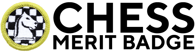 A logo for a chess merit badge with a chess piece in the center.