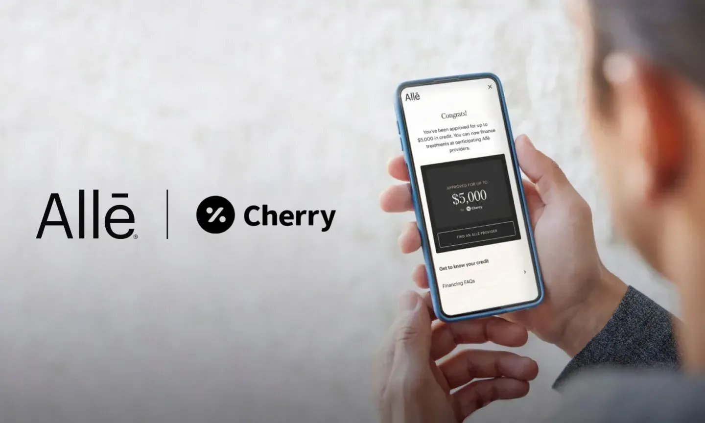 Allē and Cherry logo beside a hand holding a smartphone displaying a payment screen