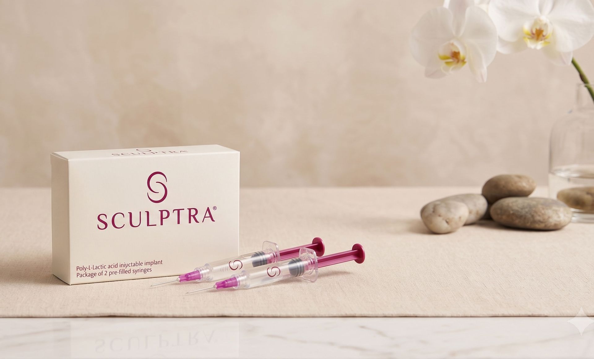 Two medical syringe-shaped knives with white, red, and silver handles on a peach background