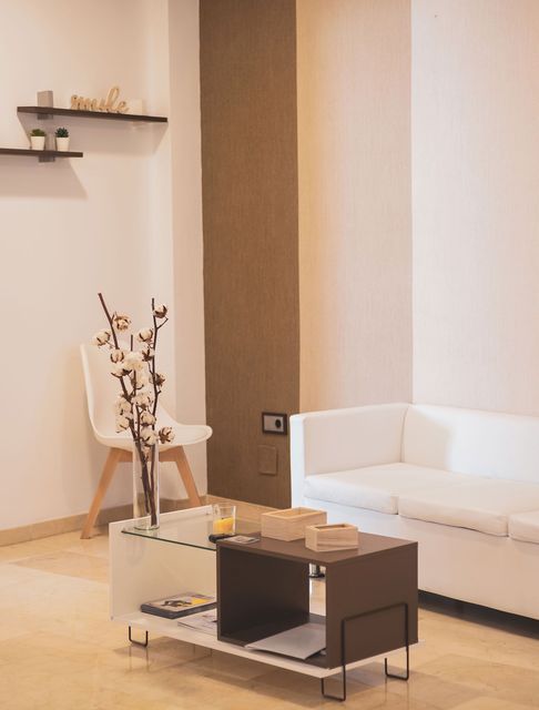 Modern living room with white sofa, glass coffee table, floor lamp, and decorative branches