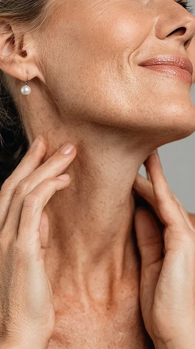Close-up of a smiling woman applying skincare to her neck and jawline