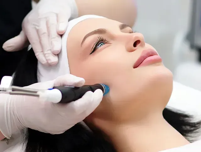 Cosmetic facial treatment with gloved hands using a handheld device on a woman’s cheek