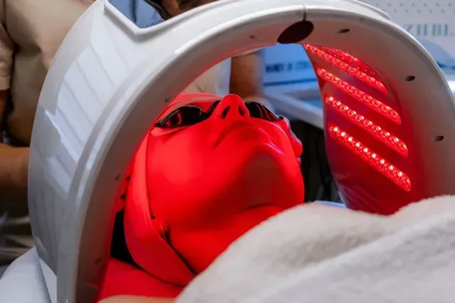 Person receiving red light therapy under a curved treatment device, wearing protective goggles