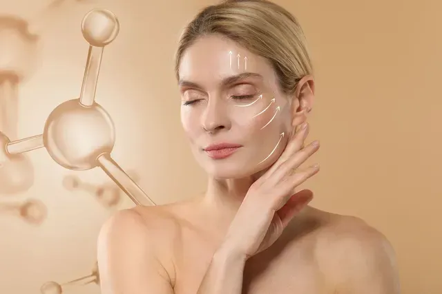 Blonde woman with dewy skin posing against a soft beige background with floating molecule graphics