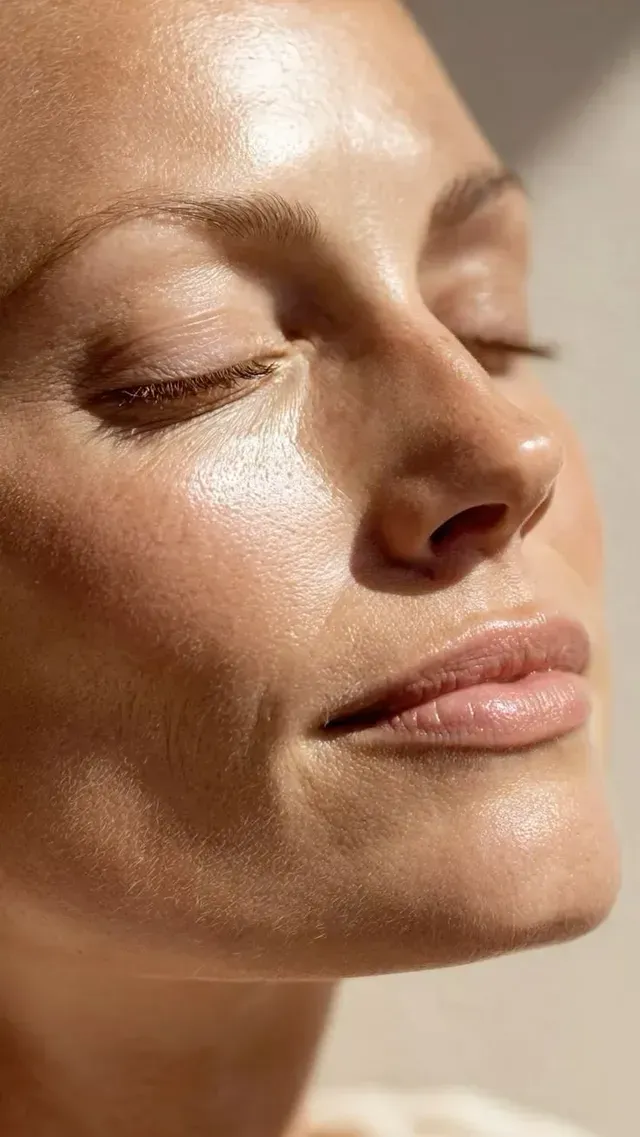 Close-up of a person’s face with eyes closed, lit softly against a neutral background.