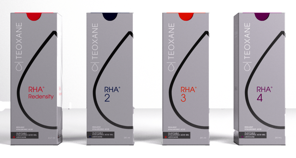Four DHA supplement boxes in alternating white and dark gray packaging with red and blue accents.