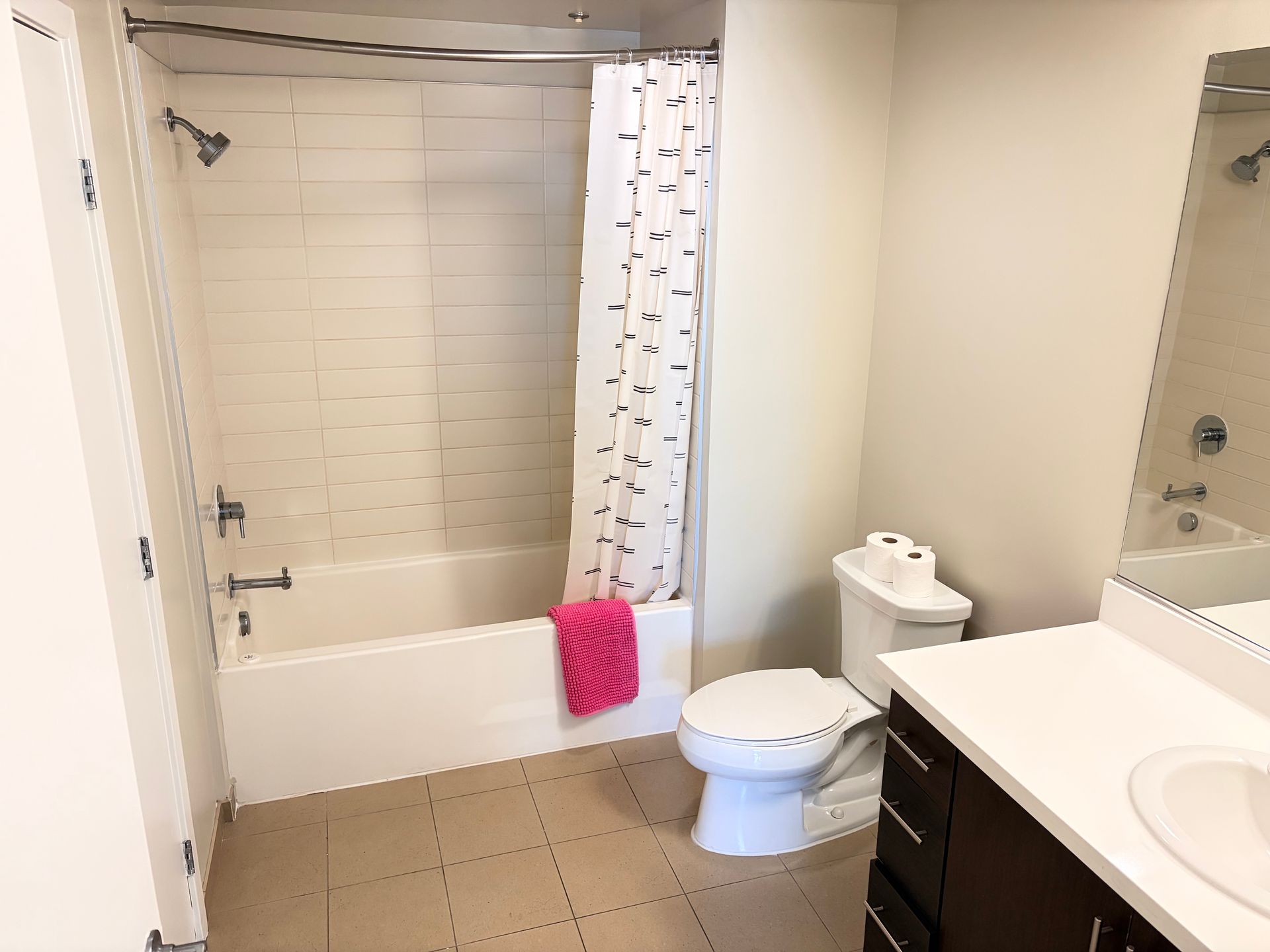 Bathroom with a tub-shower, toilet, vanity sink, and pink towel hanging by the shower curtain
