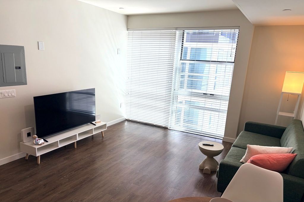 Modern living room with TV, sofa, floor lamp, and large window with blinds