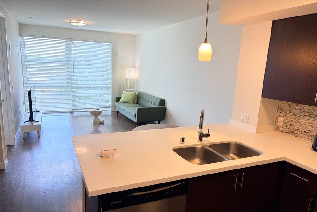 Modern apartment kitchen with white counters, dark cabinets, a green sofa, and a bright living area by the window