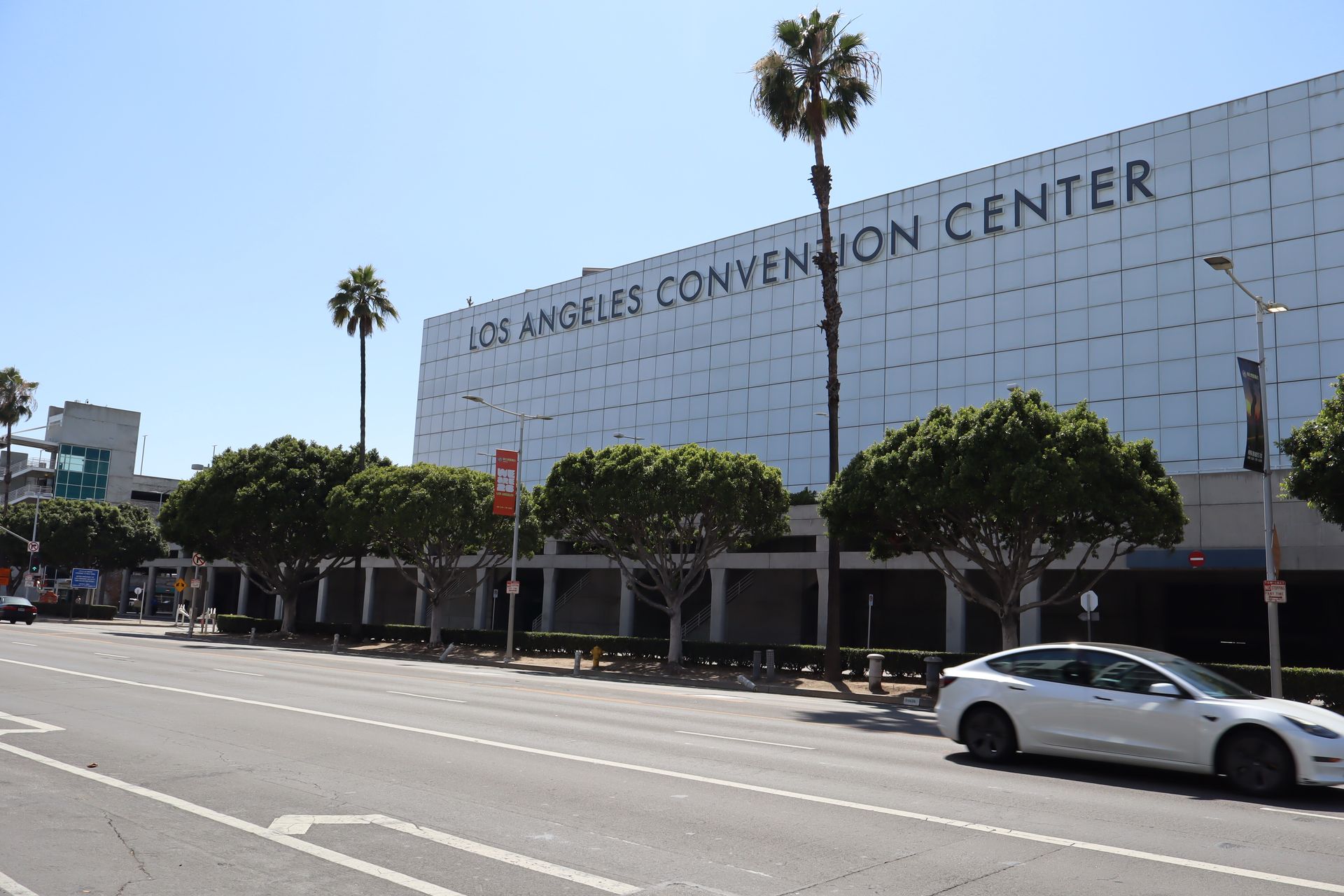 Los Angeles Convention Center exterior with palm trees and a white car on a sunny street