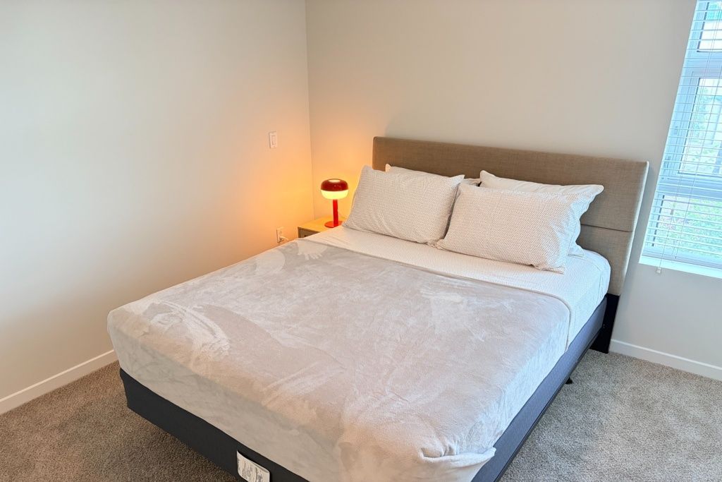 A neatly made bed with white bedding in a bright bedroom beside a window and bedside lamp