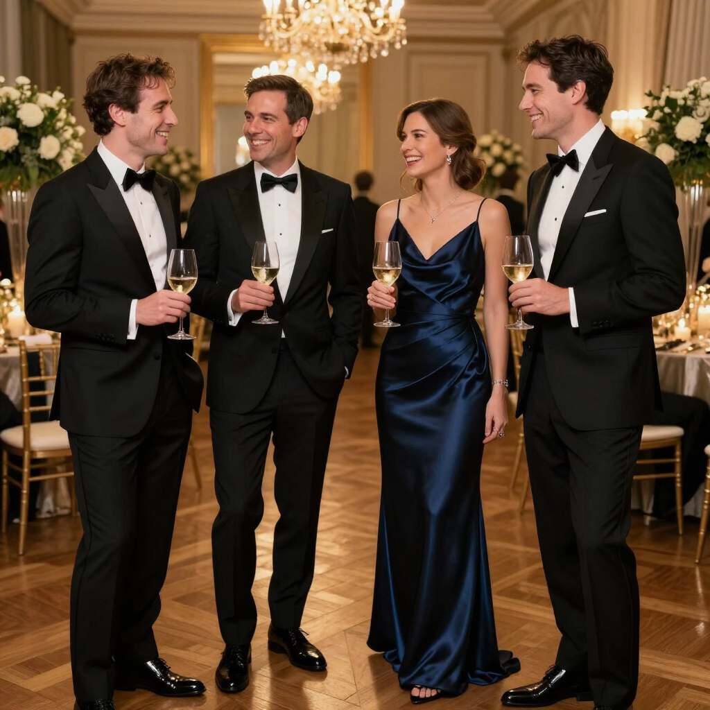 Dressed-up guests laughing