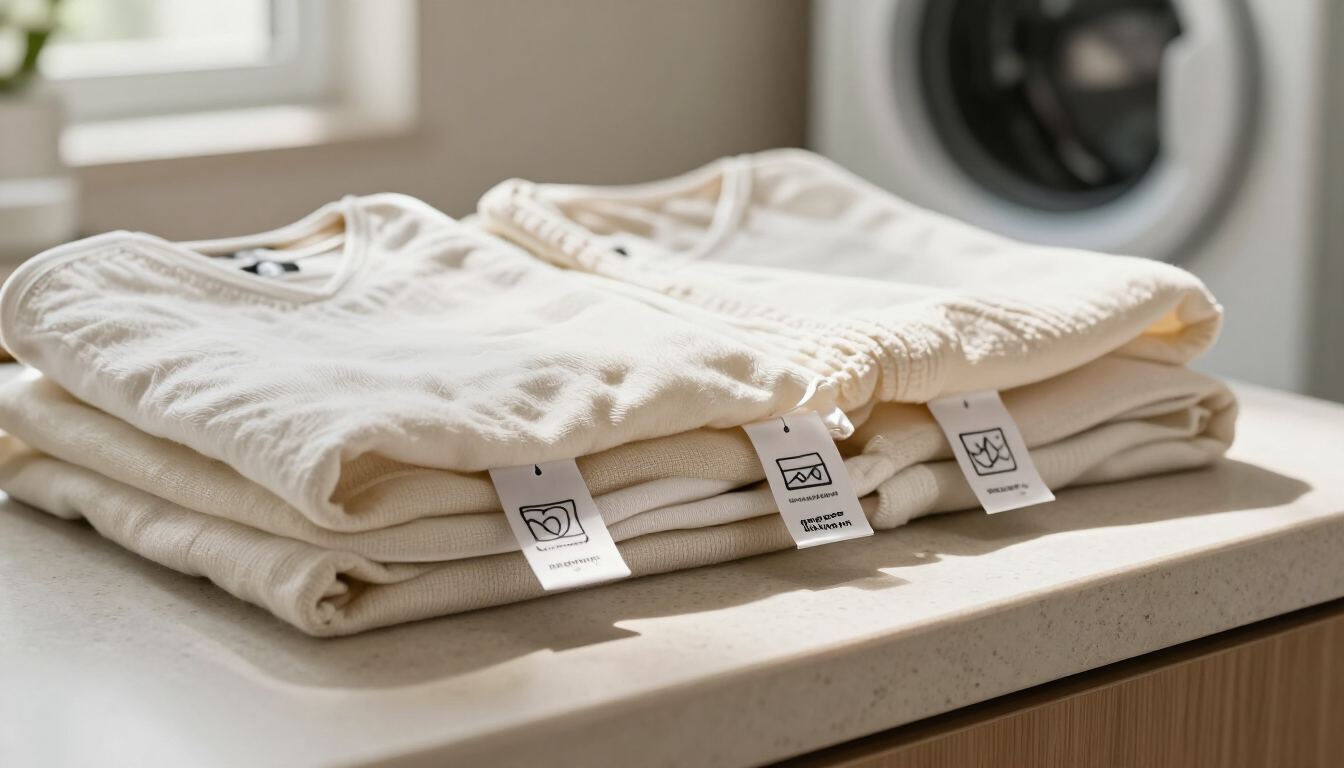 Detalle de una etiqueta de cuidado textil junto a prendas delicadas