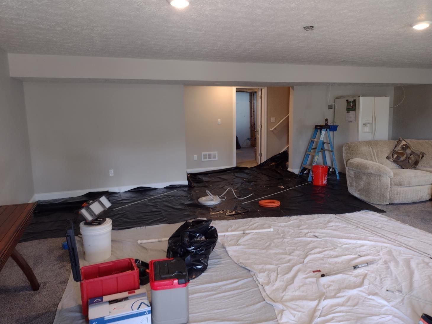 Living room mid-renovation with drop cloths, black floor covering, tools, and a couch against the wall
