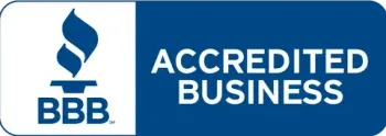 BBB Accredited Business logo with blue icon and text on a white and blue background