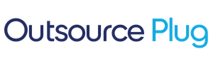 The logo for outsource plug is blue and white on a white background.