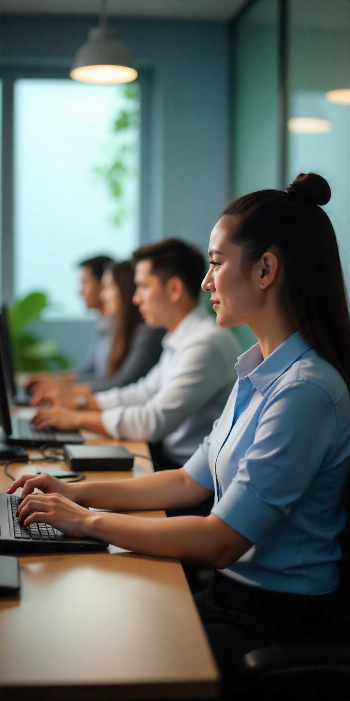 A group of people are sitting at desks in front of computers.