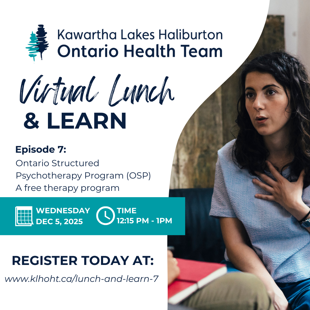 Virtual Lunch & Learn on Ontario Structured Psychotherapy, Dec 5, 2025, 12:15-1 PM. Register at klhoht.ca/lunch-and-learn-7.