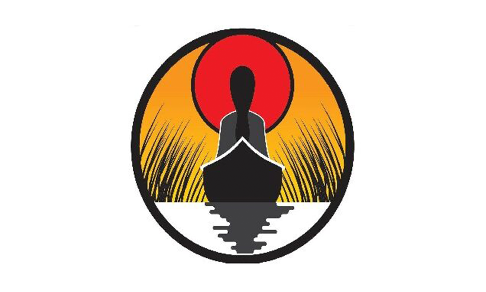 Silhouette of a person in a boat with a red sun, on water, inside a circle.