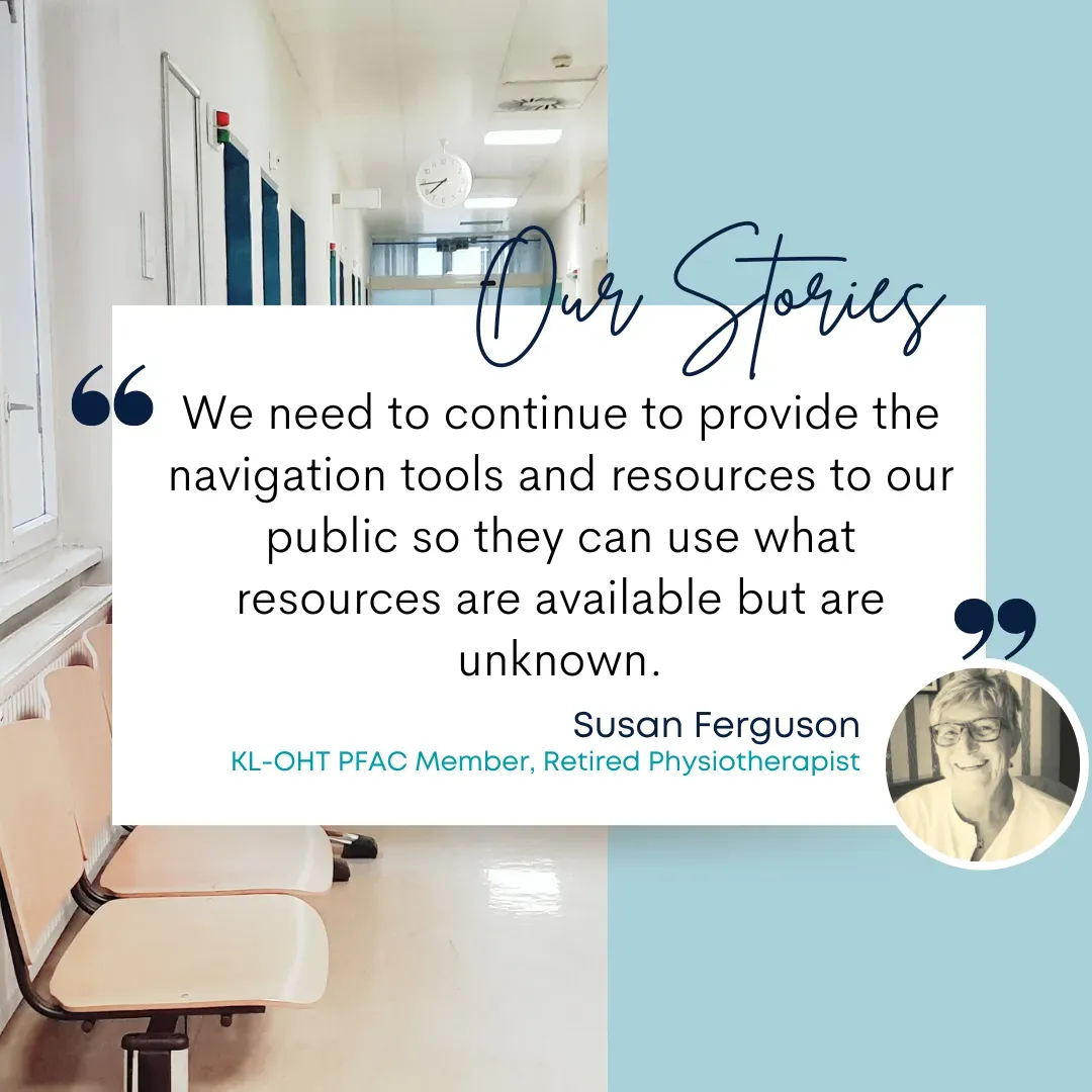 A testimonial from Susan Ferguson, a retired physiotherapist, against a background of an empty hospital waiting room.