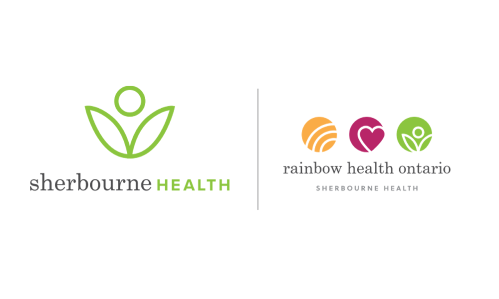 Logos for Sherbourne Health and Rainbow Health Ontario, featuring green, orange, and purple elements.