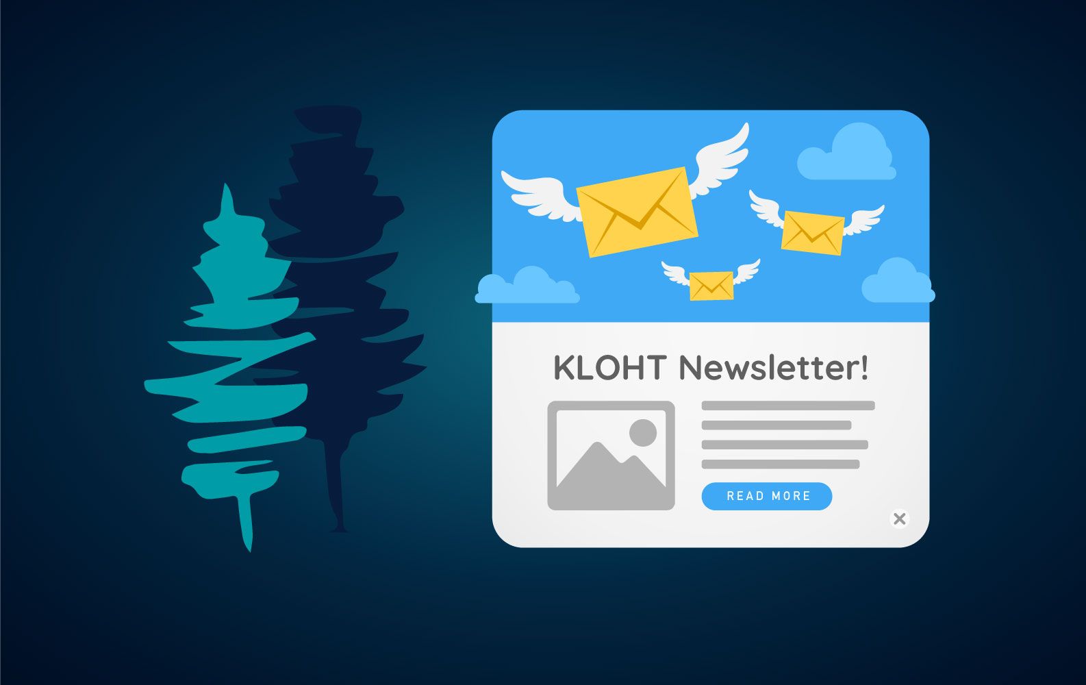 Newsletter graphic with flying mail, logo, and photo space. Dark blue background.
