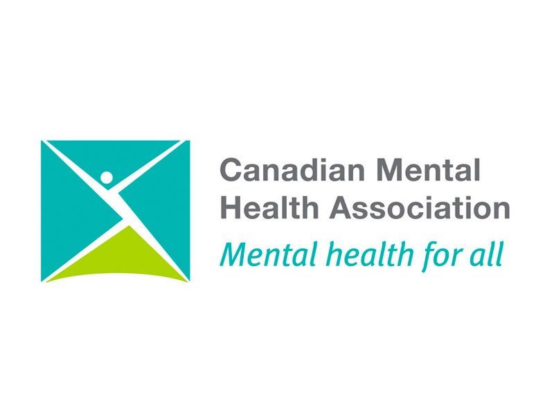 Logo for Canadian Mental Health Association. Turquoise and green shape with a person. Text: Mental health for all.
