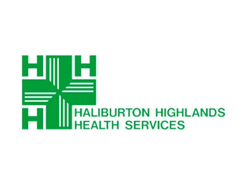 Green logo of Haliburton Highlands Health Services, featuring a cross symbol made of stylized letter H’s.