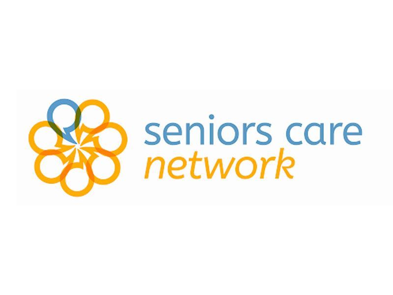 Logo for Seniors Care Network featuring a circular pattern of orange and blue shapes next to the text