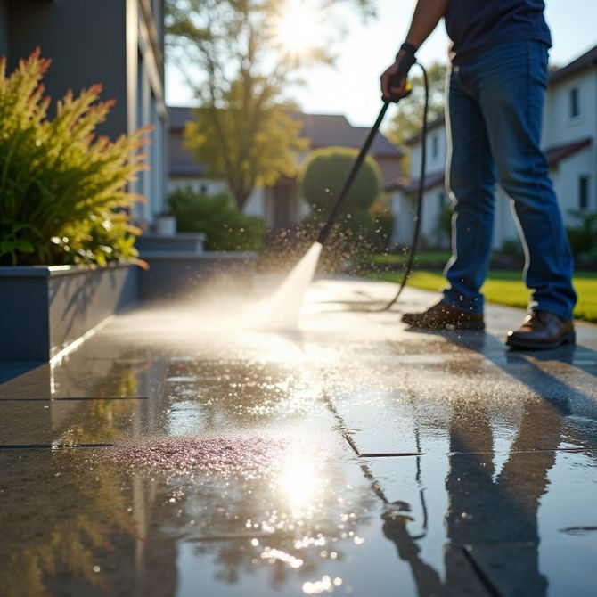 Person pressure-washing a sunlit driveway, spraying water across a wet stone walkway.
