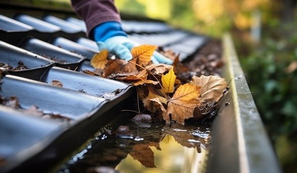 Gloved hand clearing autumn leaves from a rain gutter on a roof