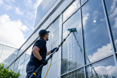 Worker cleaning glass windows on a modern building with a long-handled squeegee