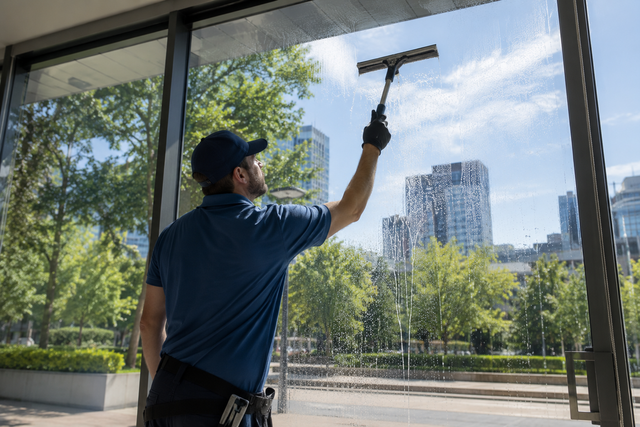 Window cleaner washing large glass panes with a squeegee, city park and buildings visible outside