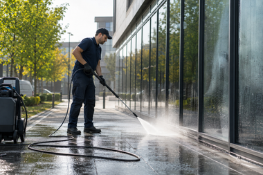 Worker pressure-washing a glass storefront, spraying water across a wet sidewalk on a sunny day