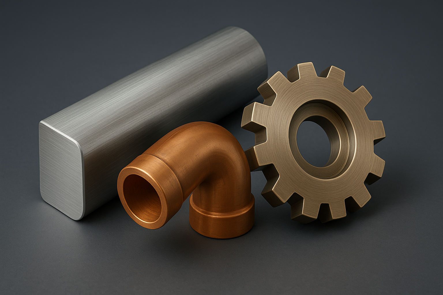 A metal pipe , a metal gear , and a metal bar are sitting on a table.