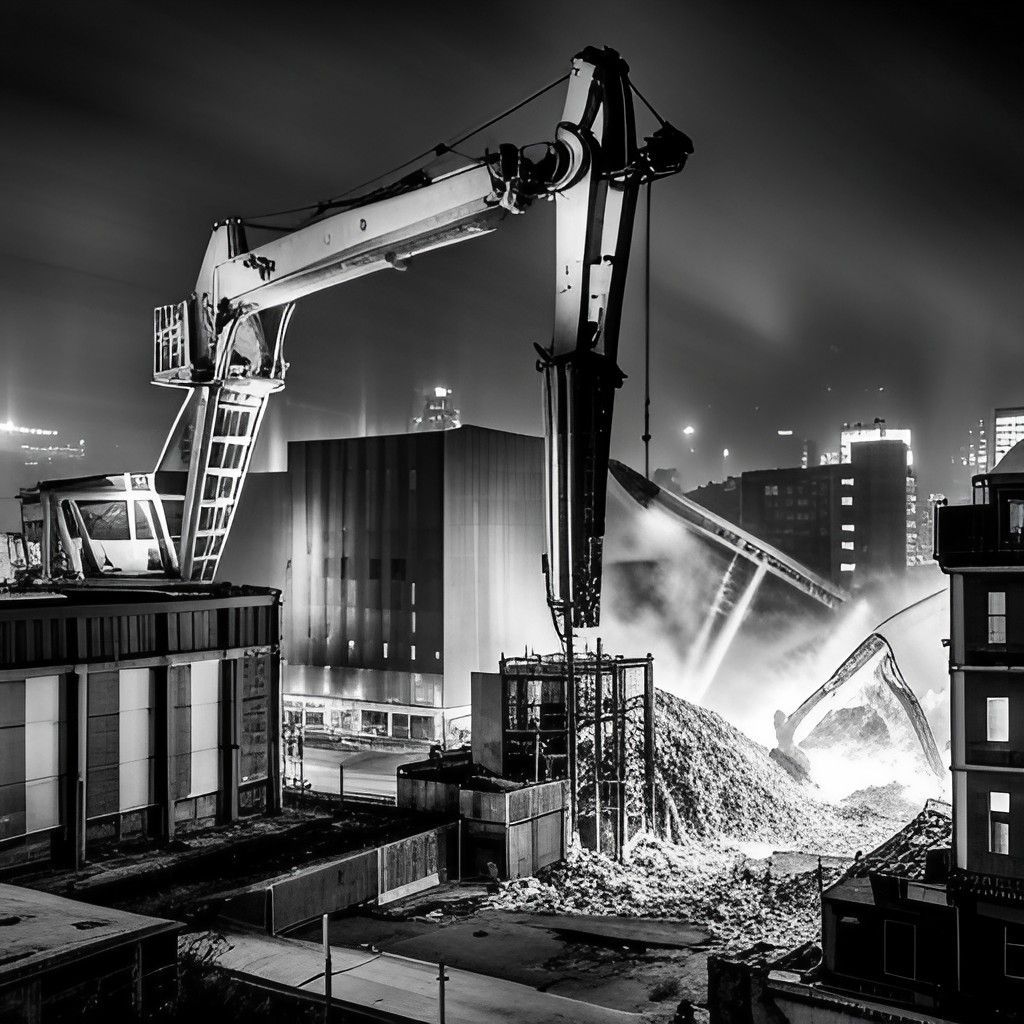 Una fotografía en blanco y negro de un sitio de construcción por la noche