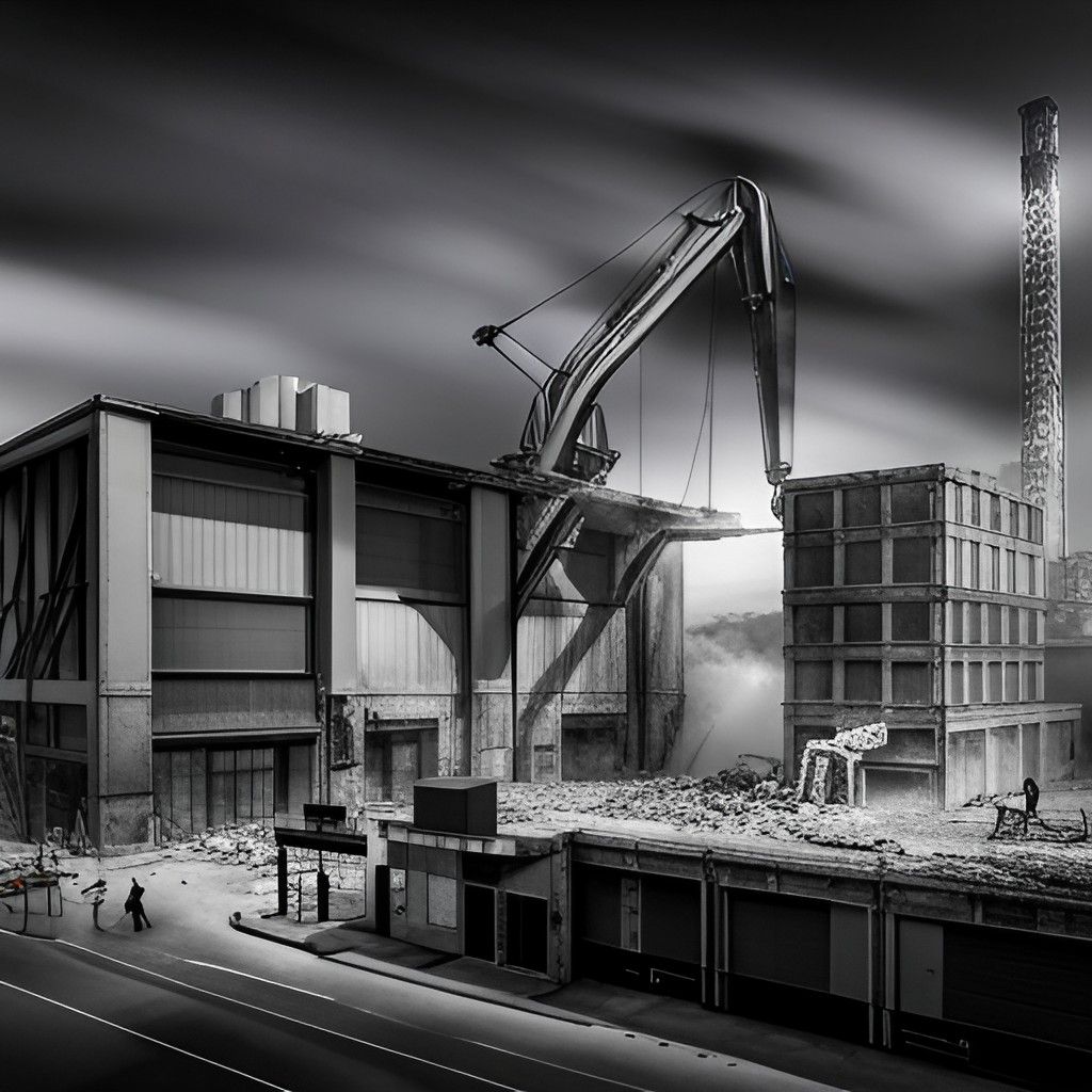 Una fotografía en blanco y negro de un edificio en proceso de demolición.
