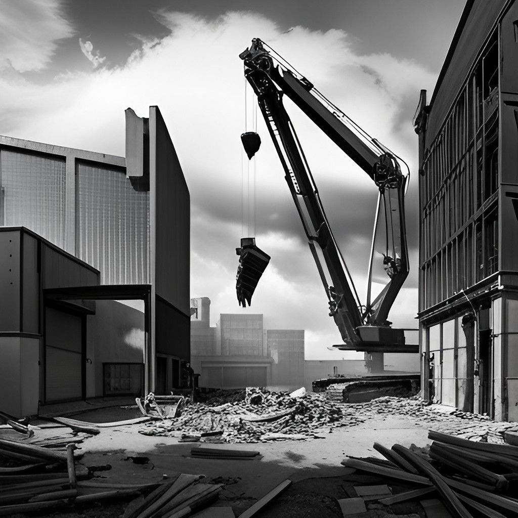 Una fotografía en blanco y negro de un edificio en proceso de demolición.