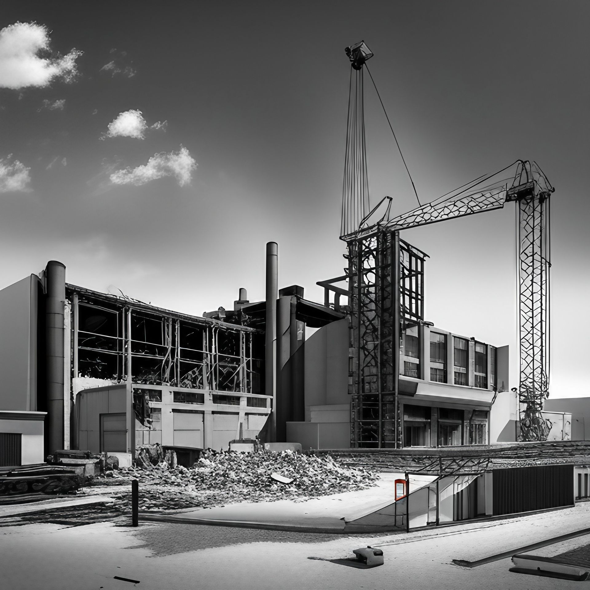 Una fotografía en blanco y negro de un edificio en construcción