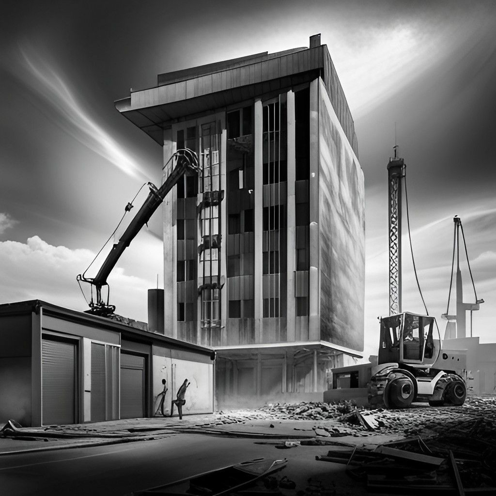 Una fotografía en blanco y negro de un edificio en construcción