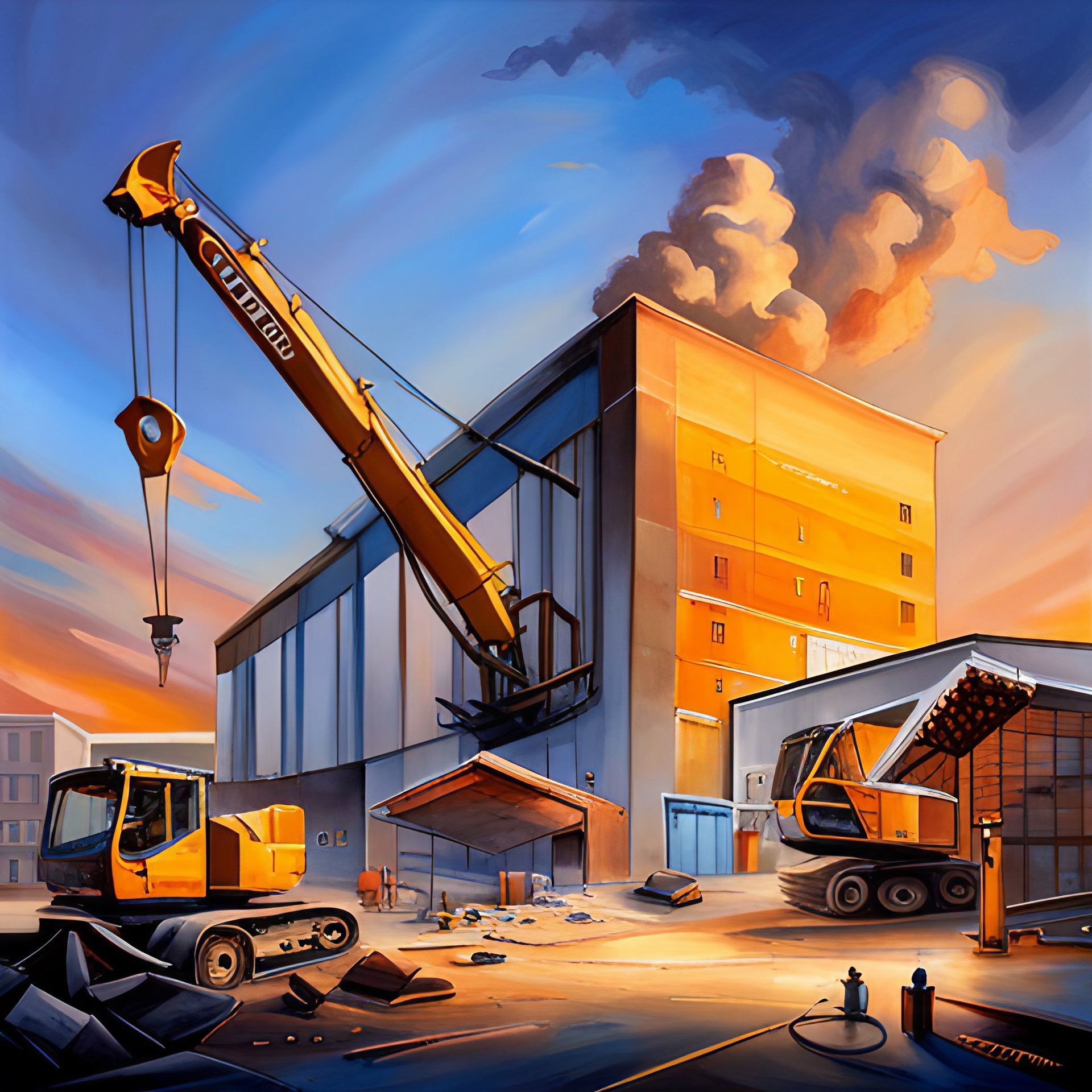 Una pintura de una obra en construcción con una grúa y un edificio que dice 'Volvo'.