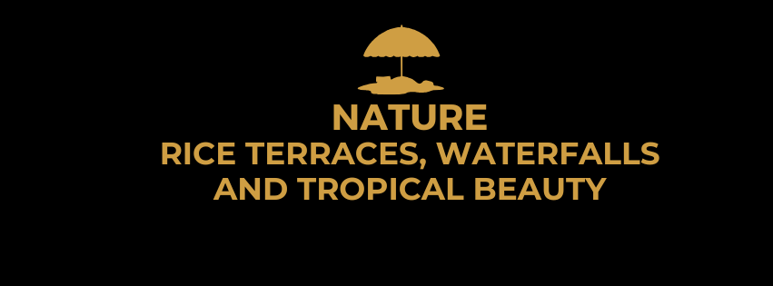 Nature logo with golden umbrella icon and text: “Rice terraces, waterfalls and tropical beauty.”