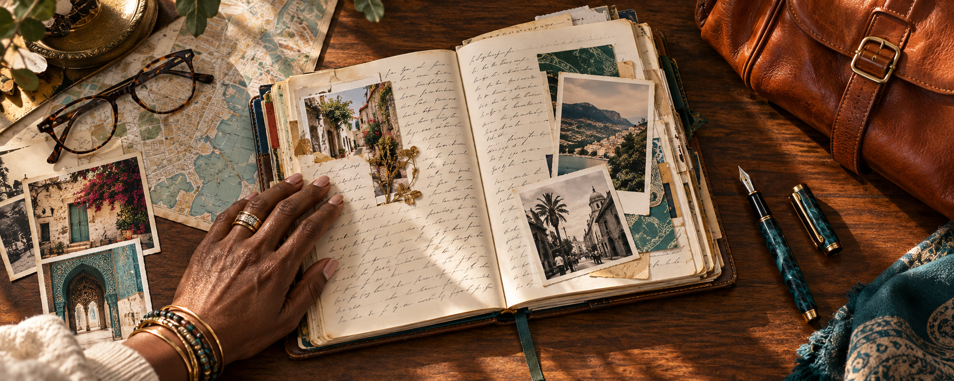 Overhead view of a travel journal with handwritten notes, destination photos, a map, reading glasses