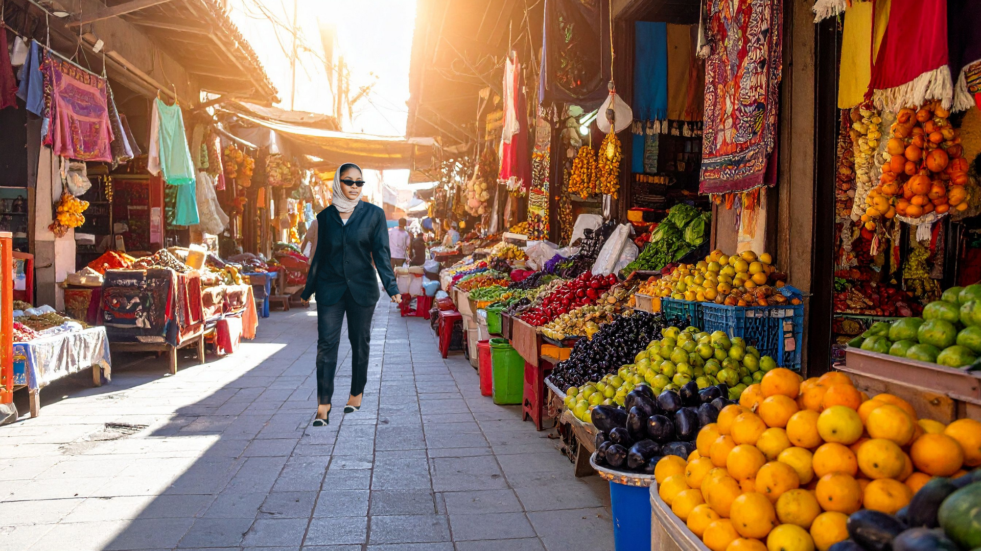 Woman walking through a bustling marketplace lined with colorful produce and goods in the sunlight.