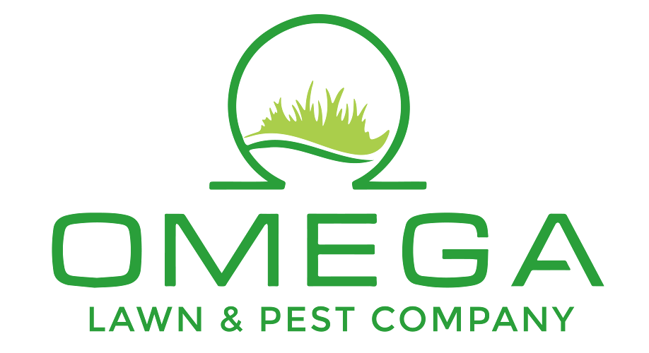 Logo for Omega Lawn & Pest Company featuring a green Omega symbol enclosing stylized blades of grass over a wave.