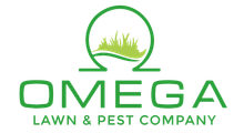 Logo for Omega Lawn & Pest Company featuring a green Omega symbol enclosing stylized blades of grass over a wave.