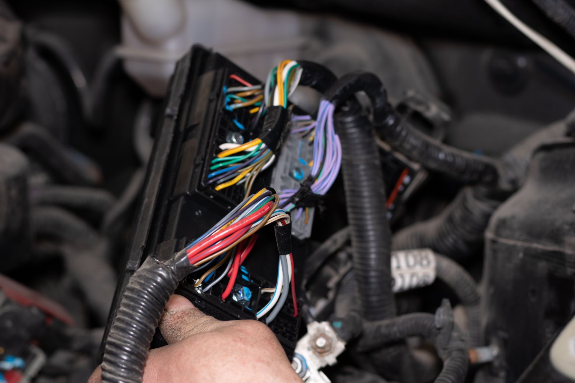 Close-up of exposed vehicle wiring harness and connectors inside an engine compartment, with a hand holding the bundle.
