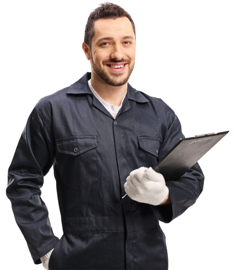 Smiling technician in dark coveralls holding a clipboard and wearing white gloves
