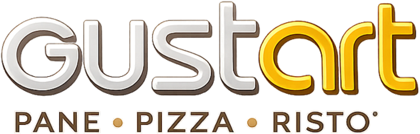 Logo Gustart con la scritta “PANE • PIZZA • RISTO” in grigio e arancione su sfondo bianco.