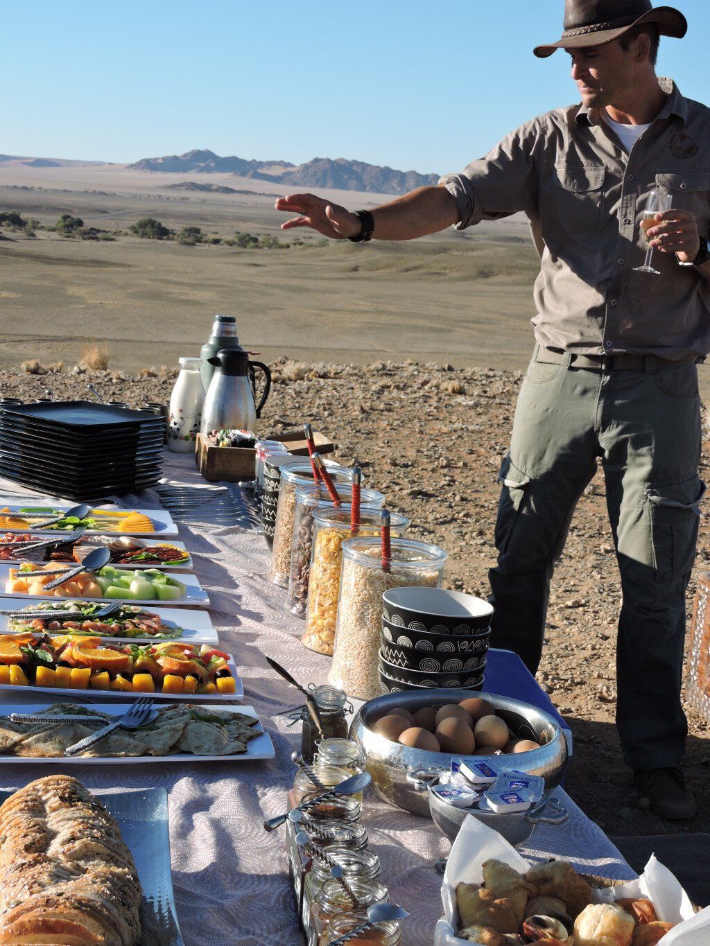 Namibia Safari, champagne breakfast after hot air balloon ride over the Namib Desert